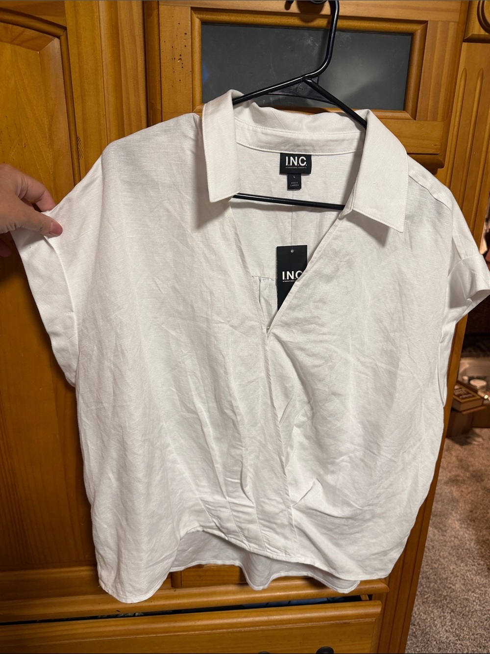 INC International Concepts White Short Sleeve Collared Relaxed Blouse